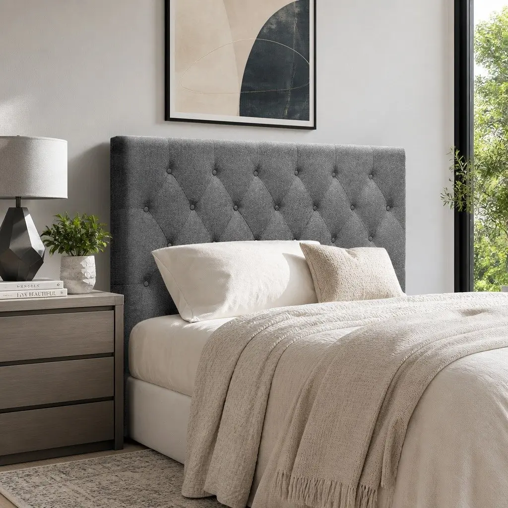 Bed Head Headboard King Single Size Fabric Grey Upholstered Button Tufted Design