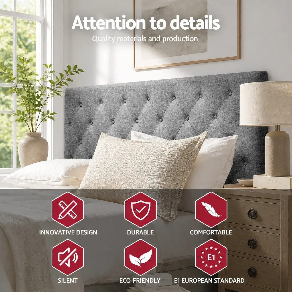 Queen Size Bed Head Headboard Grey Upholstered Button Tufted Design Padded