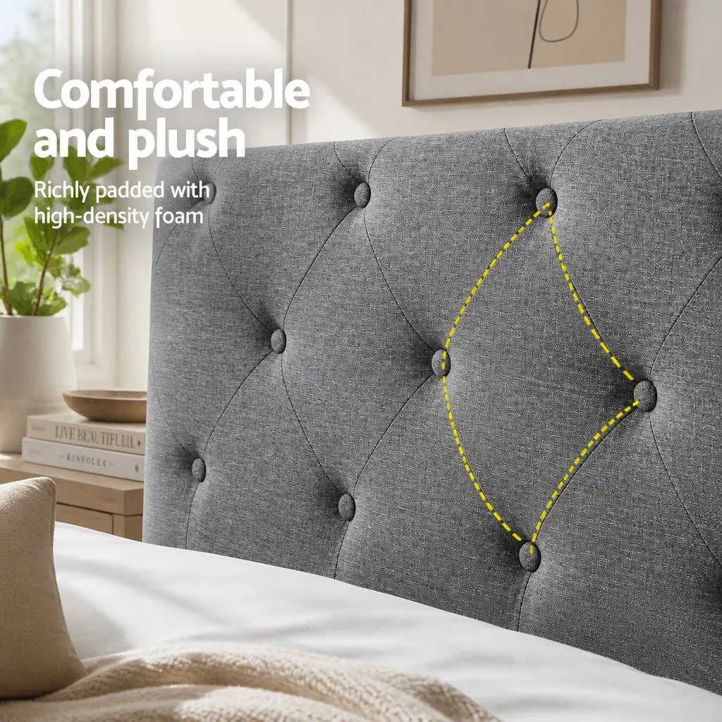 Queen Size Bed Head Headboard Grey Upholstered Button Tufted Design Padded