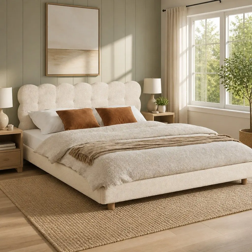 Double Bed Frame White Boucle Upholstery Platform Base Cloud Headboard