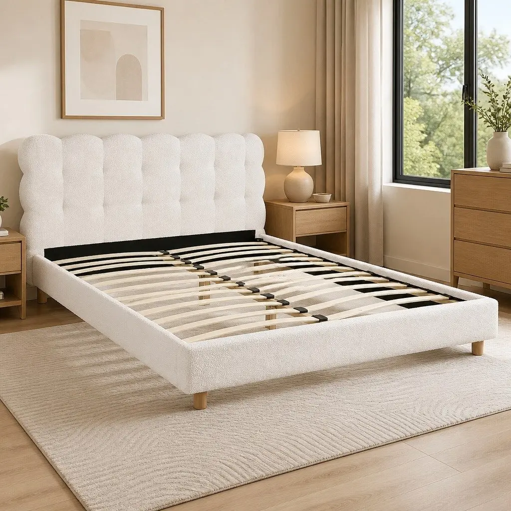 Double Bed Frame White Boucle Upholstery Platform Base Cloud Headboard