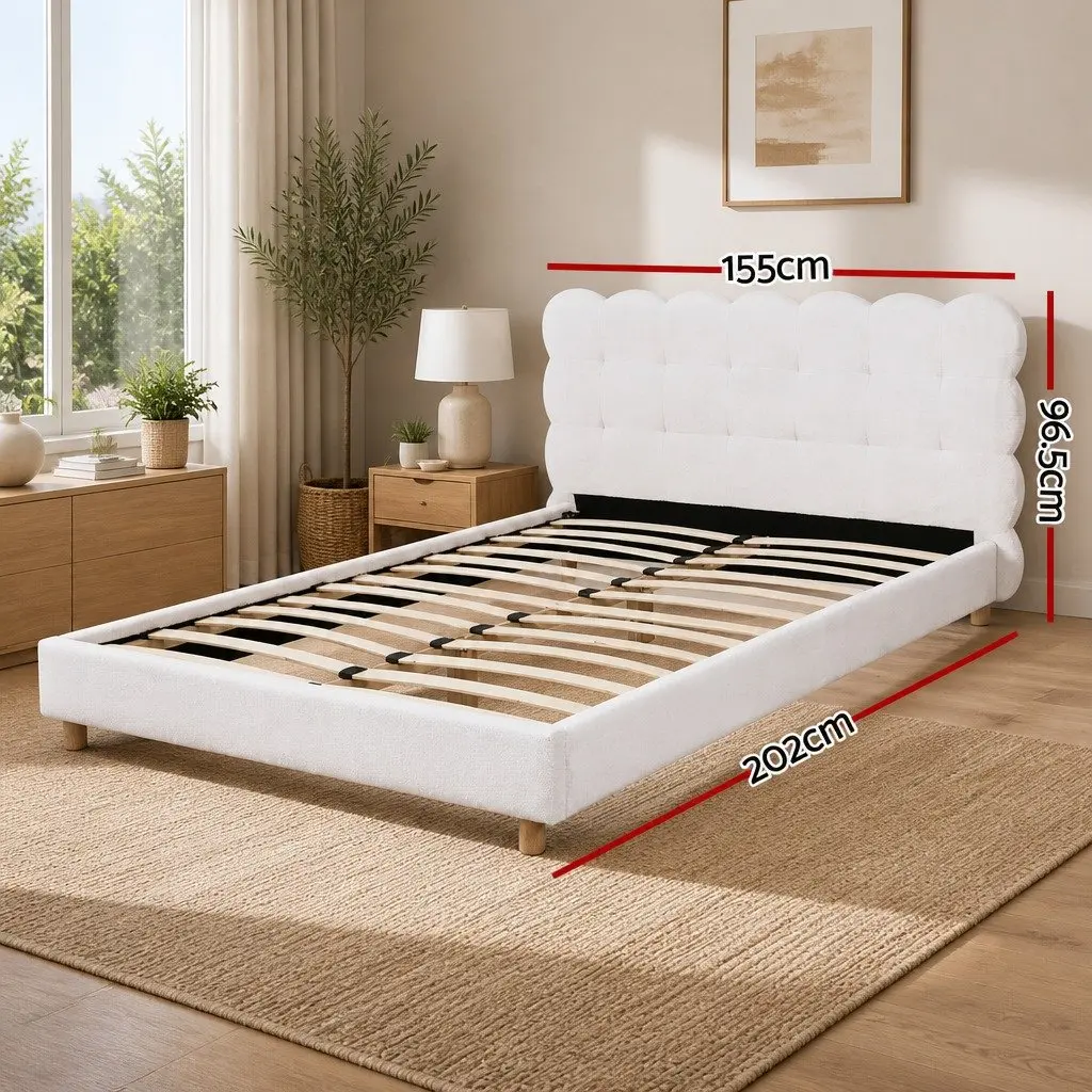 Double Bed Frame White Boucle Upholstery Platform Base Cloud Headboard