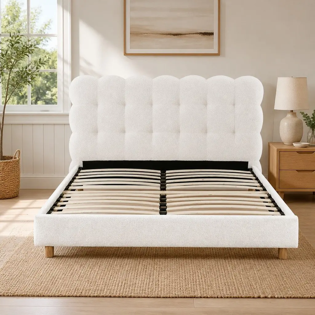 Double Bed Frame White Boucle Upholstery Platform Base Cloud Headboard