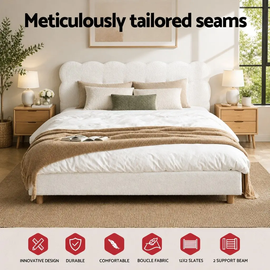 Double Bed Frame White Boucle Upholstery Platform Base Cloud Headboard