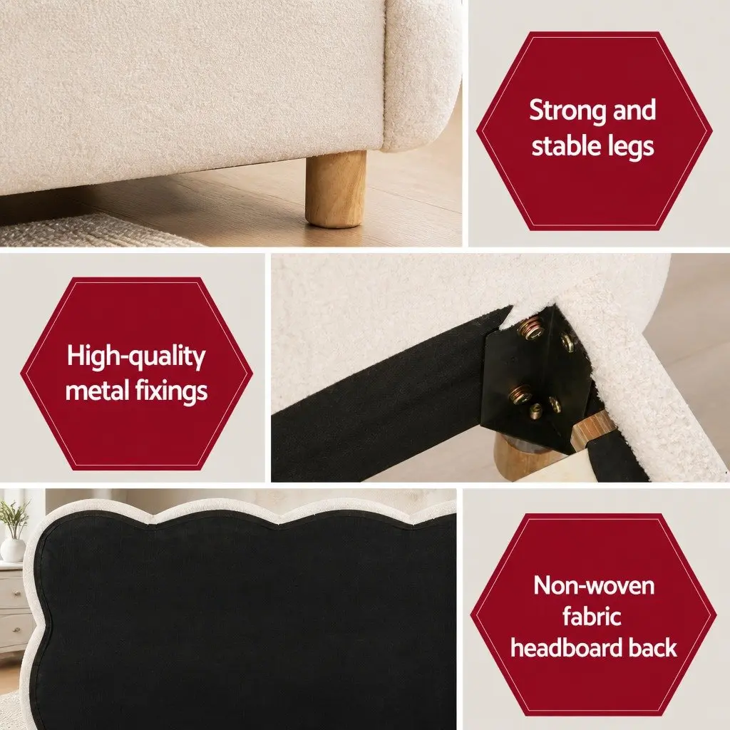 Double Bed Frame White Boucle Upholstery Platform Base Cloud Headboard