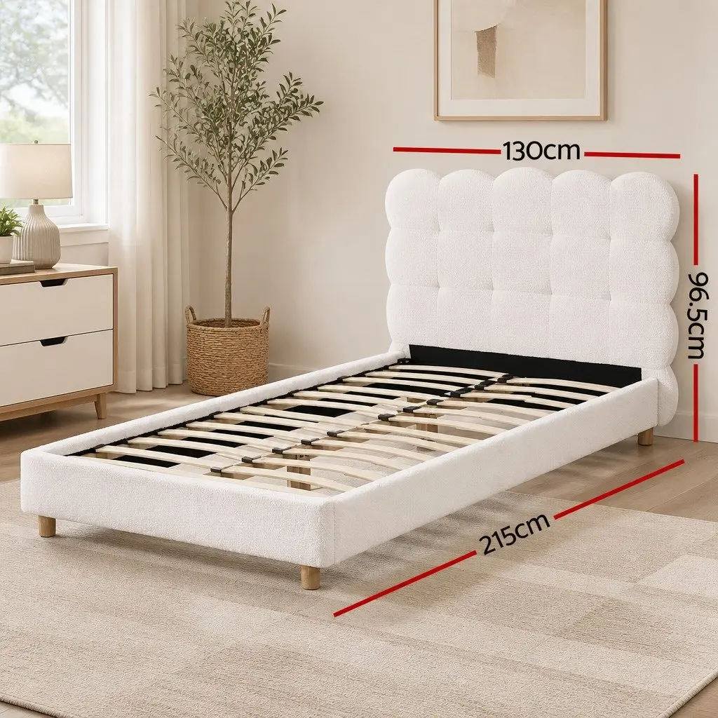 King Single Bed Frame Cloud Headboard Boucle Fabric Platform White Modern