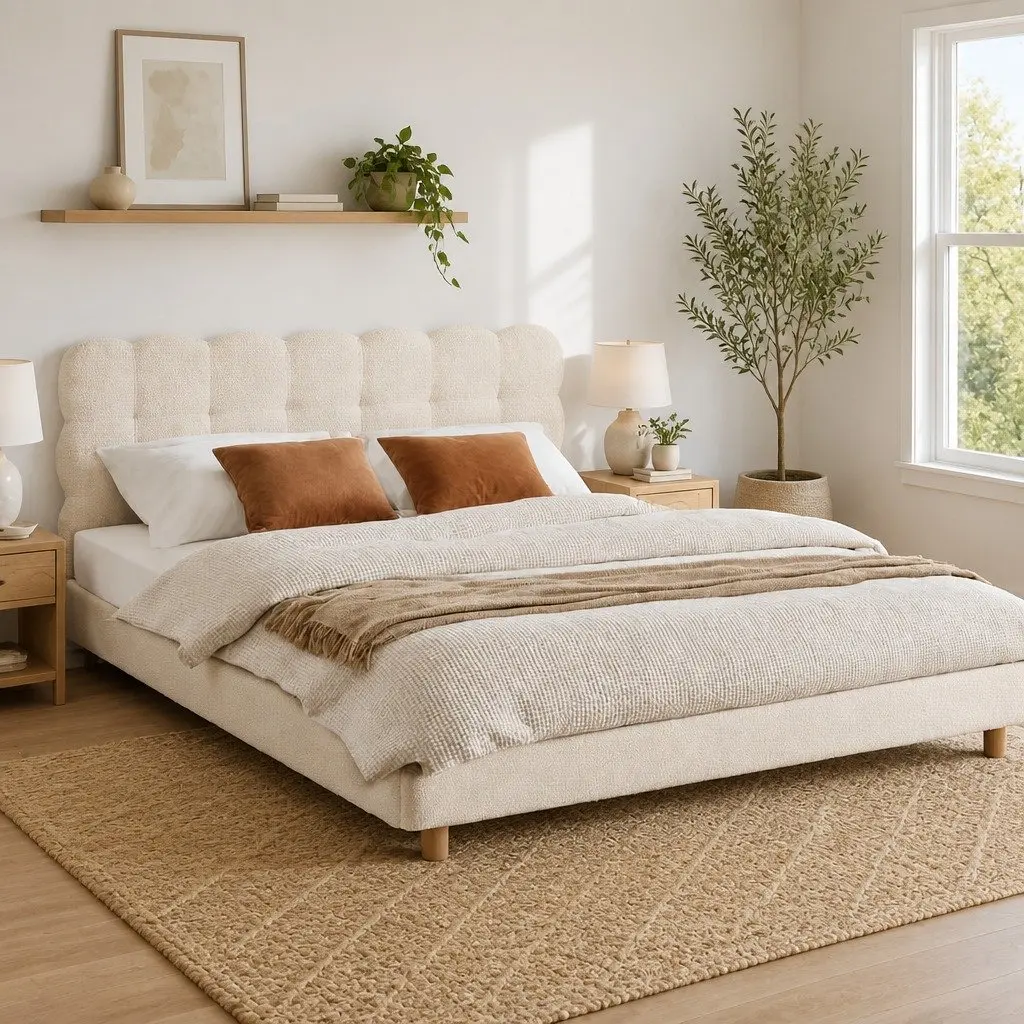 Queen Bed Frame Cloud Headboard Boucle Fabric Platform Base White Modern