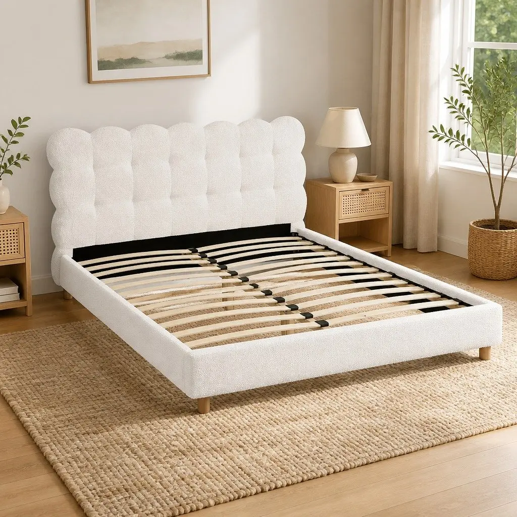 Queen Bed Frame Cloud Headboard Boucle Fabric Platform Base White Modern