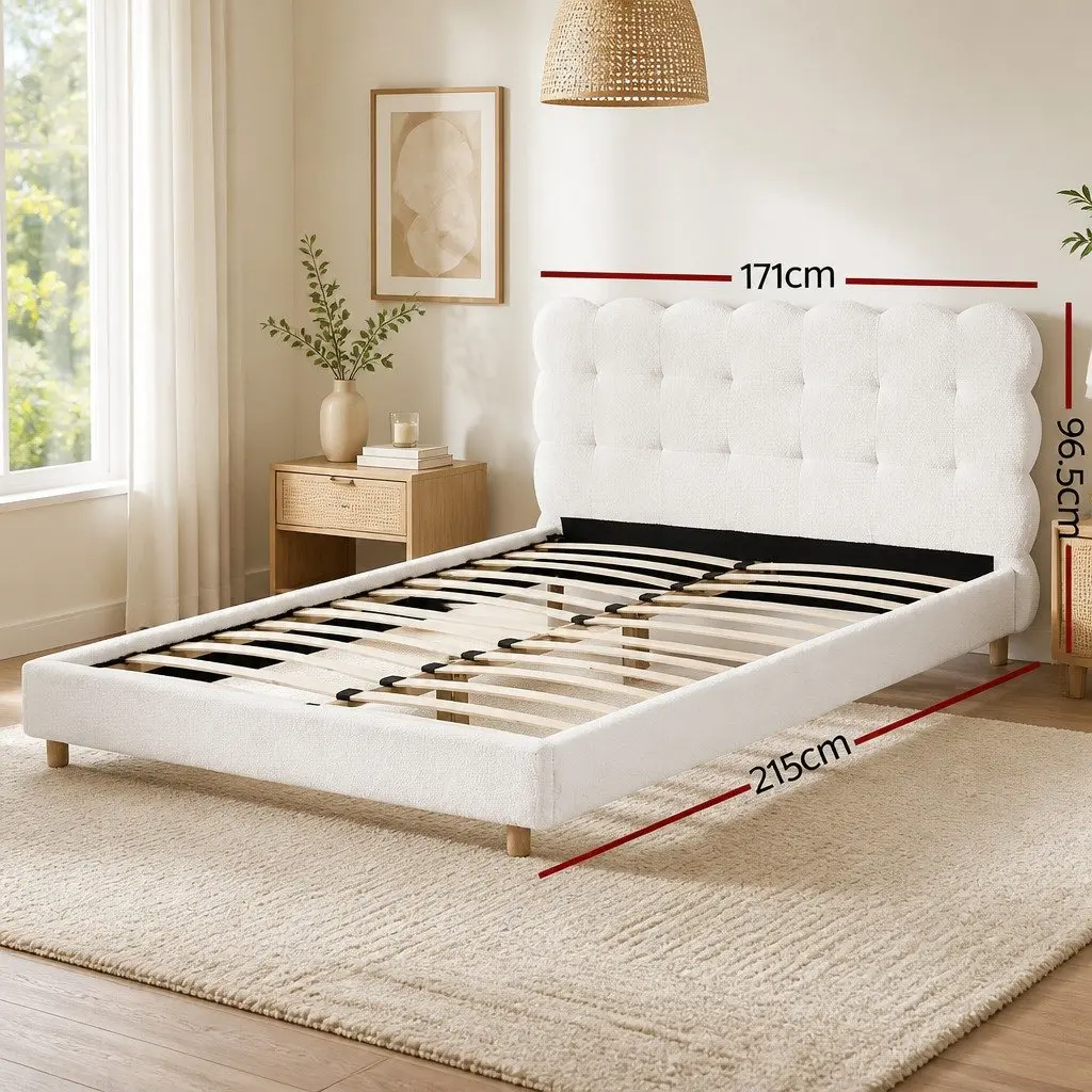 Queen Bed Frame Cloud Headboard Boucle Fabric Platform Base White Modern