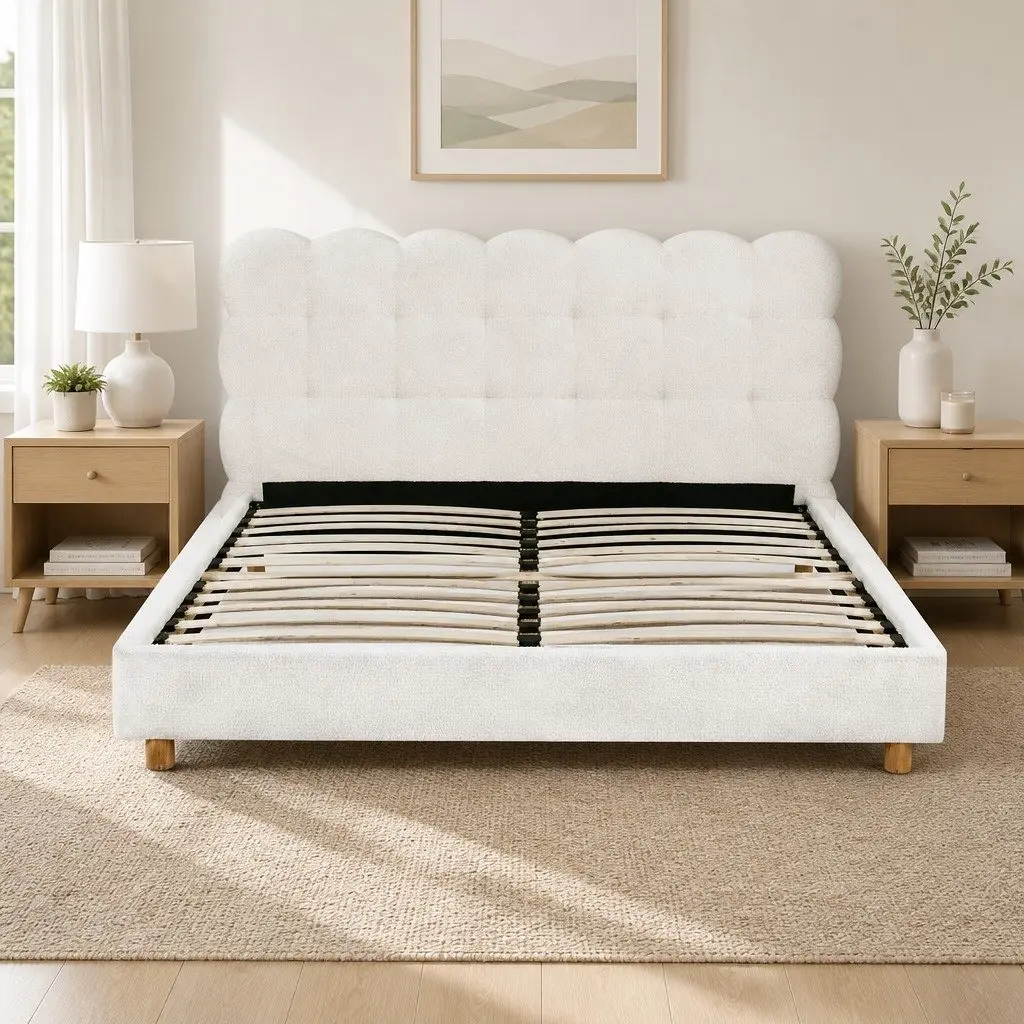 Queen Bed Frame Cloud Headboard Boucle Fabric Platform Base White Modern
