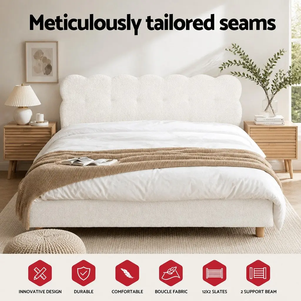 Queen Bed Frame Cloud Headboard Boucle Fabric Platform Base White Modern