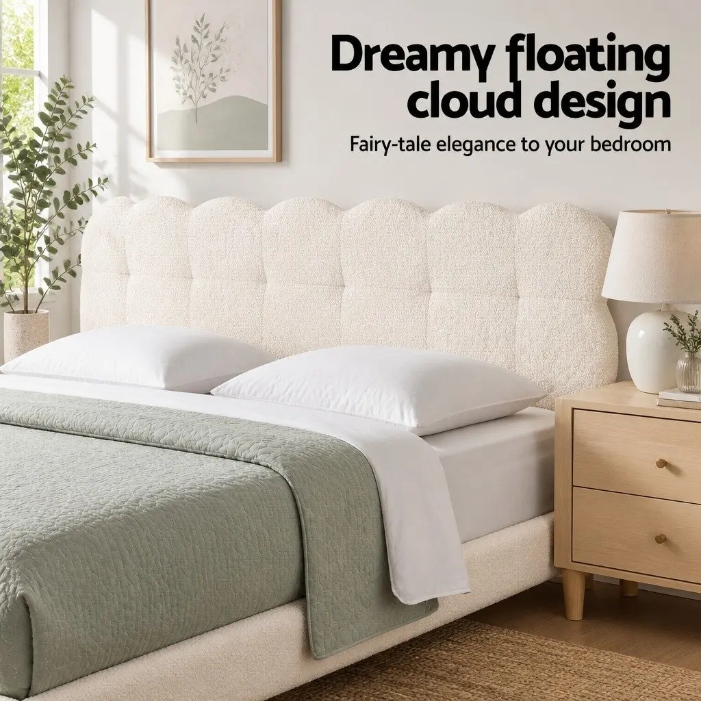 Queen Bed Frame Cloud Headboard Boucle Fabric Platform Base White Modern