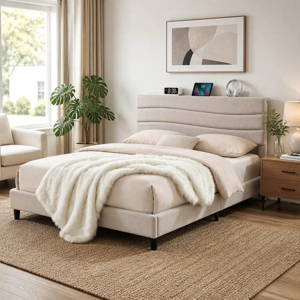 Queen Bed Frame with Storage Headboard Charging Ports Platform Base Beige Linen