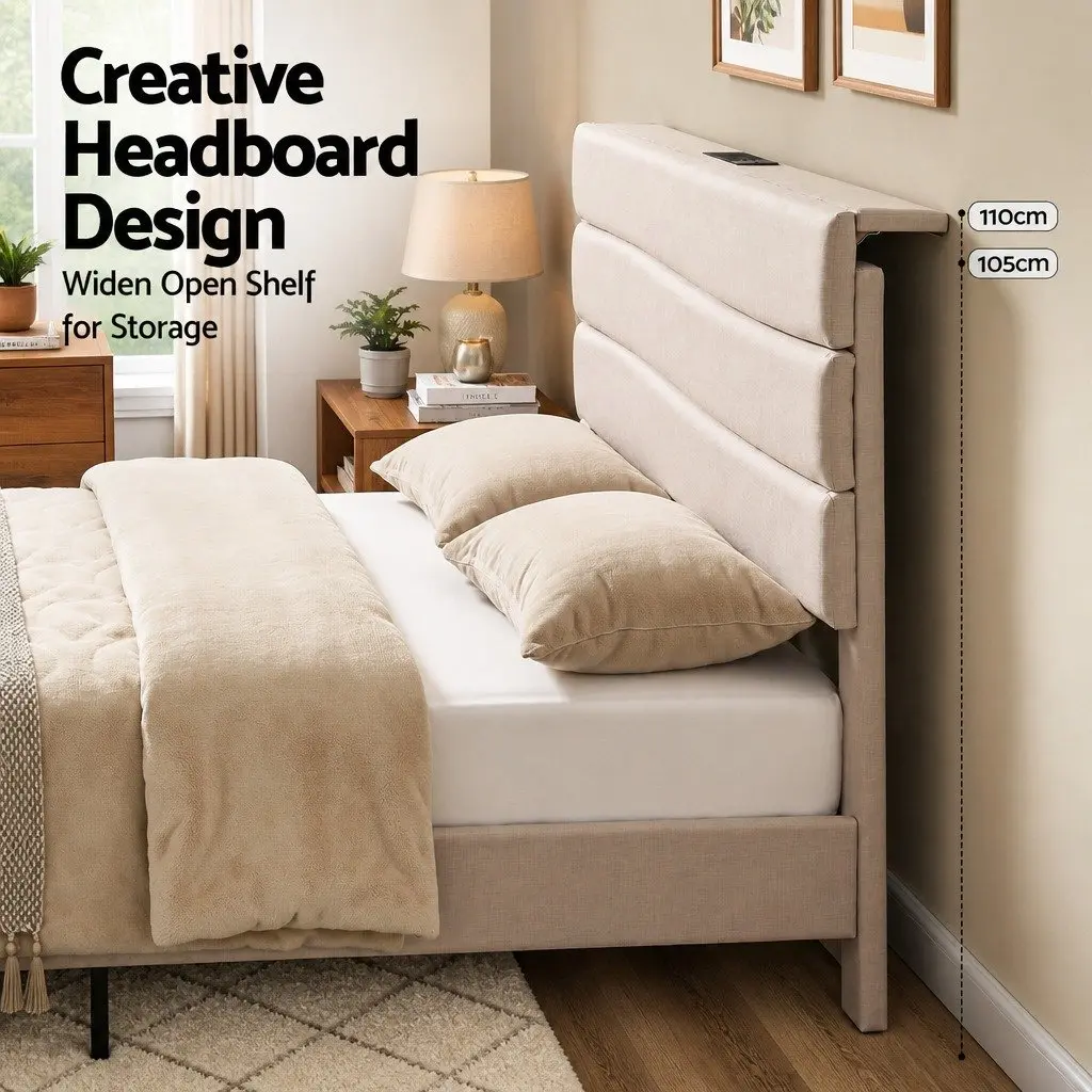 Queen Bed Frame with Storage Headboard Charging Ports Platform Base Beige Linen