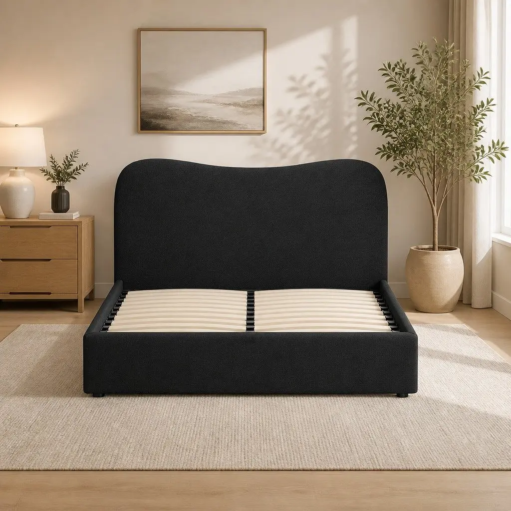 Double Bed Frame Boucle Upholstered Padded Headboard Black Double Size Wooden Slat Support