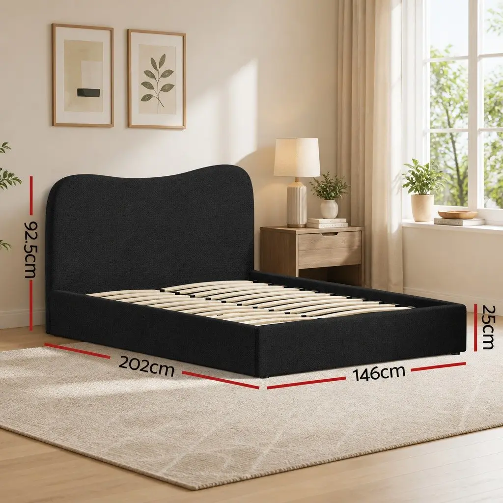 Double Bed Frame Boucle Upholstered Padded Headboard Black Double Size Wooden Slat Support
