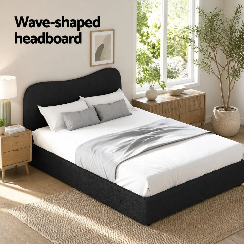 Double Bed Frame Boucle Upholstered Padded Headboard Black Double Size Wooden Slat Support