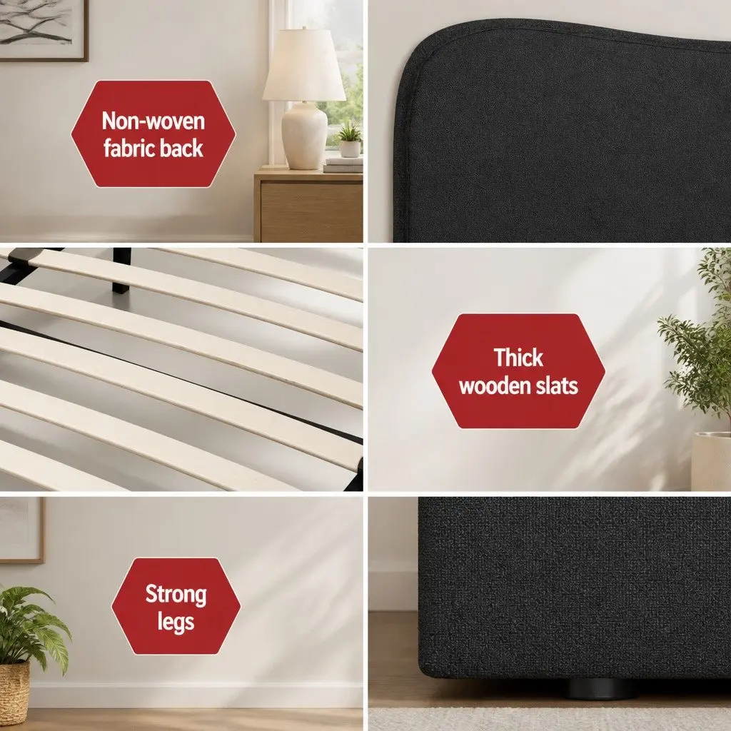 Double Bed Frame Boucle Upholstered Padded Headboard Black Double Size Wooden Slat Support
