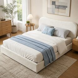 Queen Bed Frame with Gaslift Storage Boucle Upholstered Wooden Platform