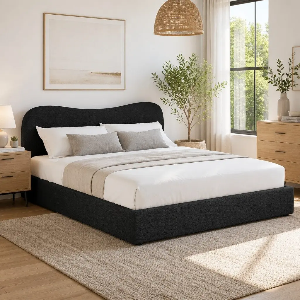 King Size Bed Frame Boucle Upholstered Padded Headboard Wooden Slat Support