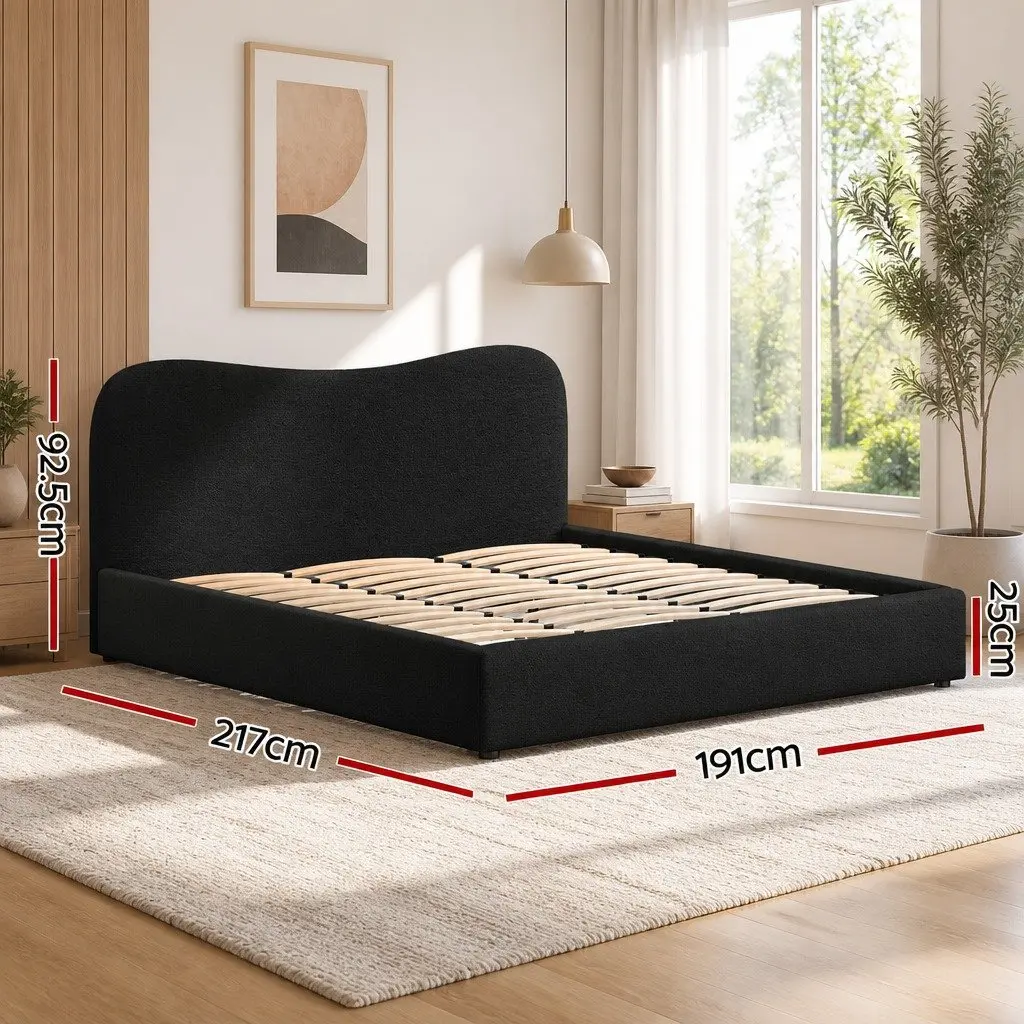 King Size Bed Frame Boucle Upholstered Padded Headboard Wooden Slat Support