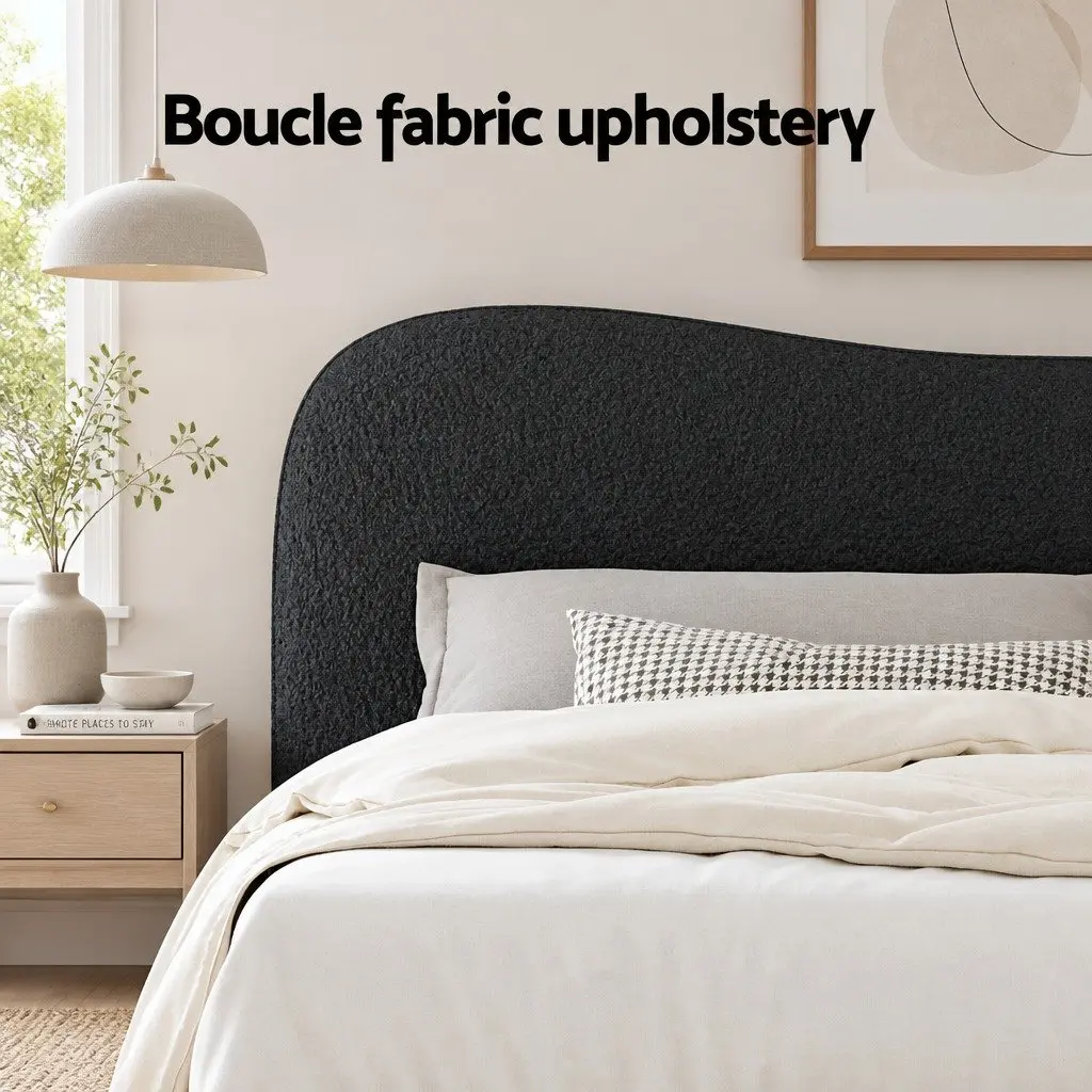 King Size Bed Frame Boucle Upholstered Padded Headboard Wooden Slat Support