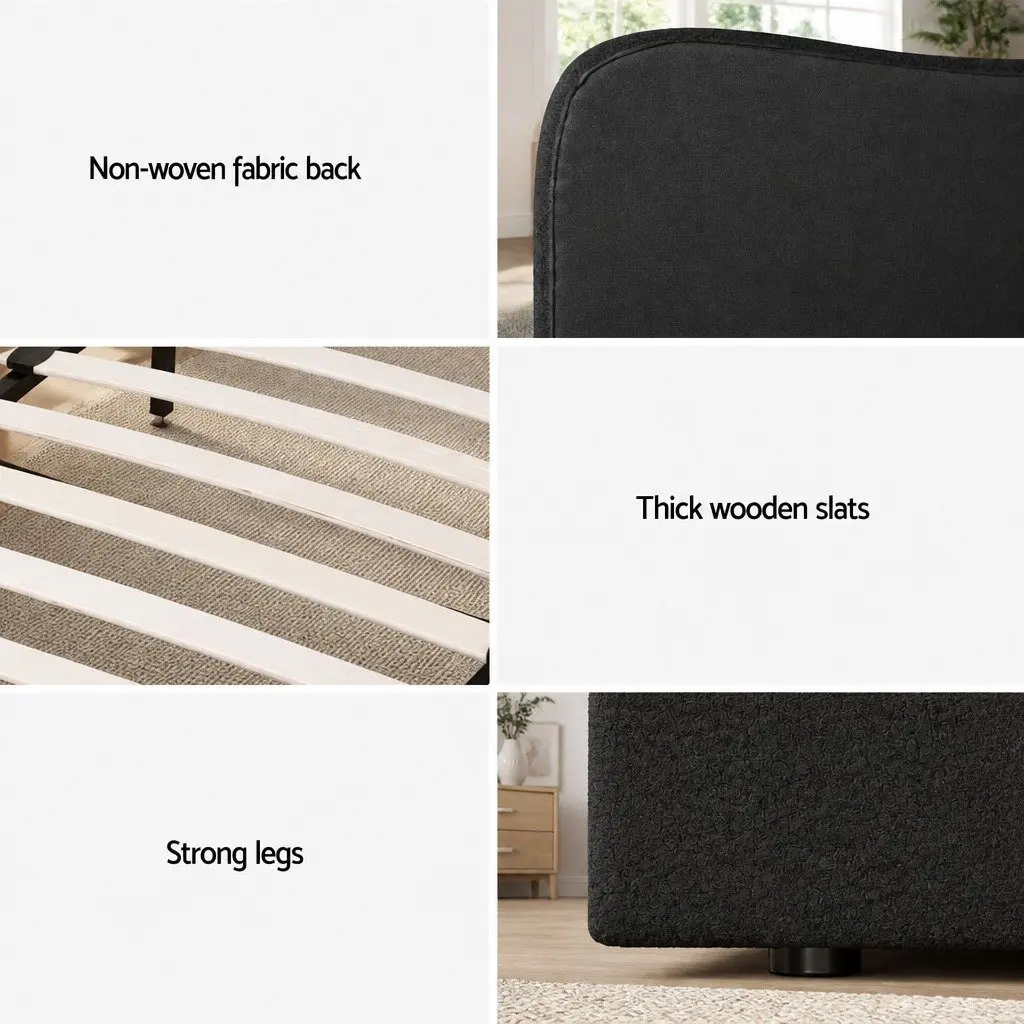 King Size Bed Frame Boucle Upholstered Padded Headboard Wooden Slat Support