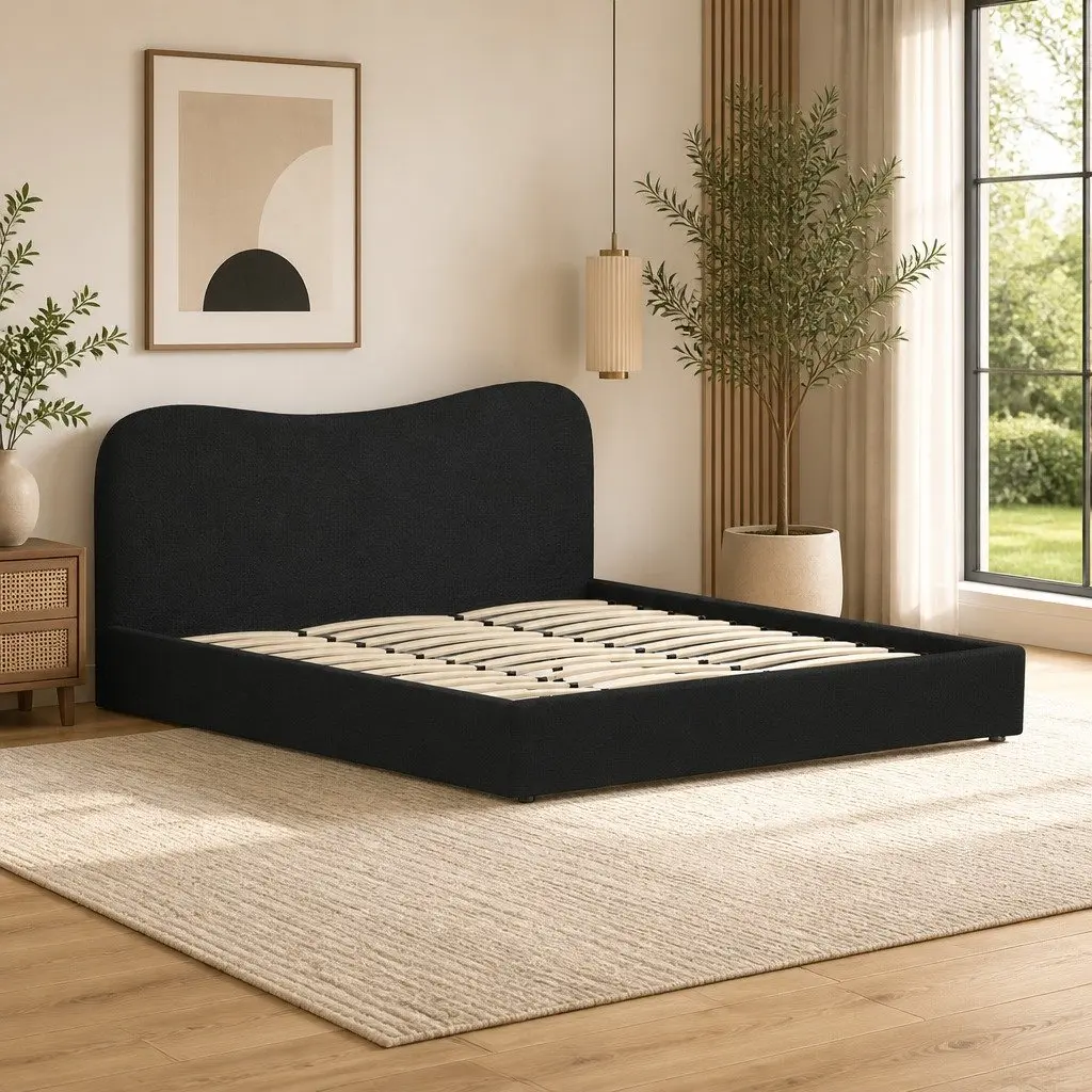 King Size Bed Frame Boucle Upholstered Padded Headboard Wooden Slat Support