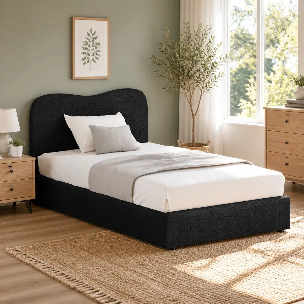King Single Bed Frame Boucle Upholstered Padded Headboard Wooden Slat Support