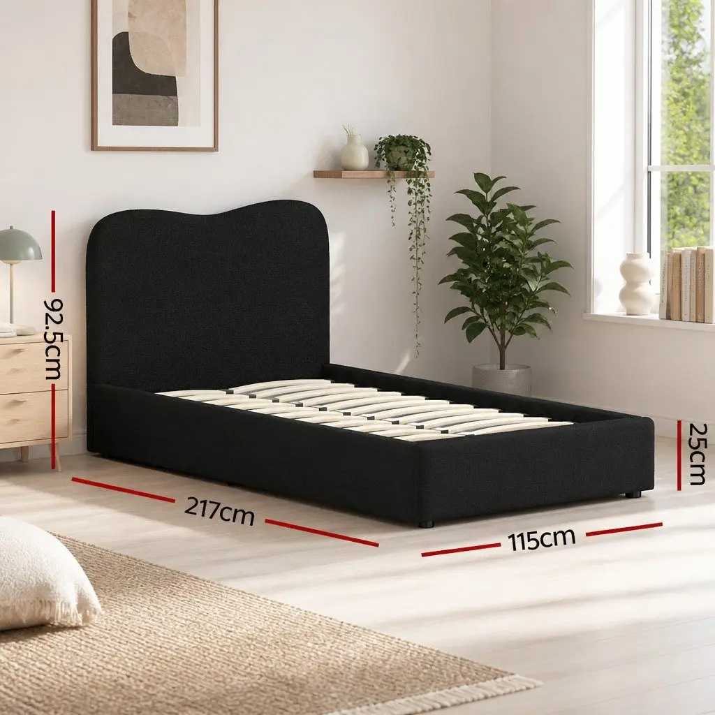 King Single Bed Frame Boucle Upholstered Padded Headboard Wooden Slat Support