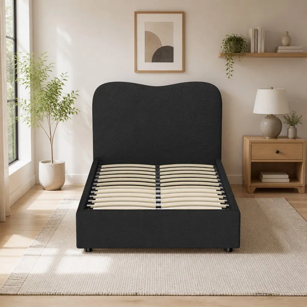 King Single Bed Frame Boucle Upholstered Padded Headboard Wooden Slat Support