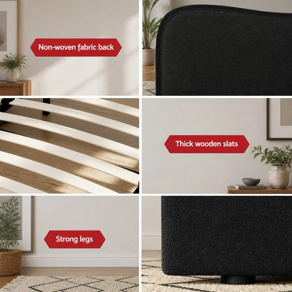 King Single Bed Frame Boucle Upholstered Padded Headboard Wooden Slat Support