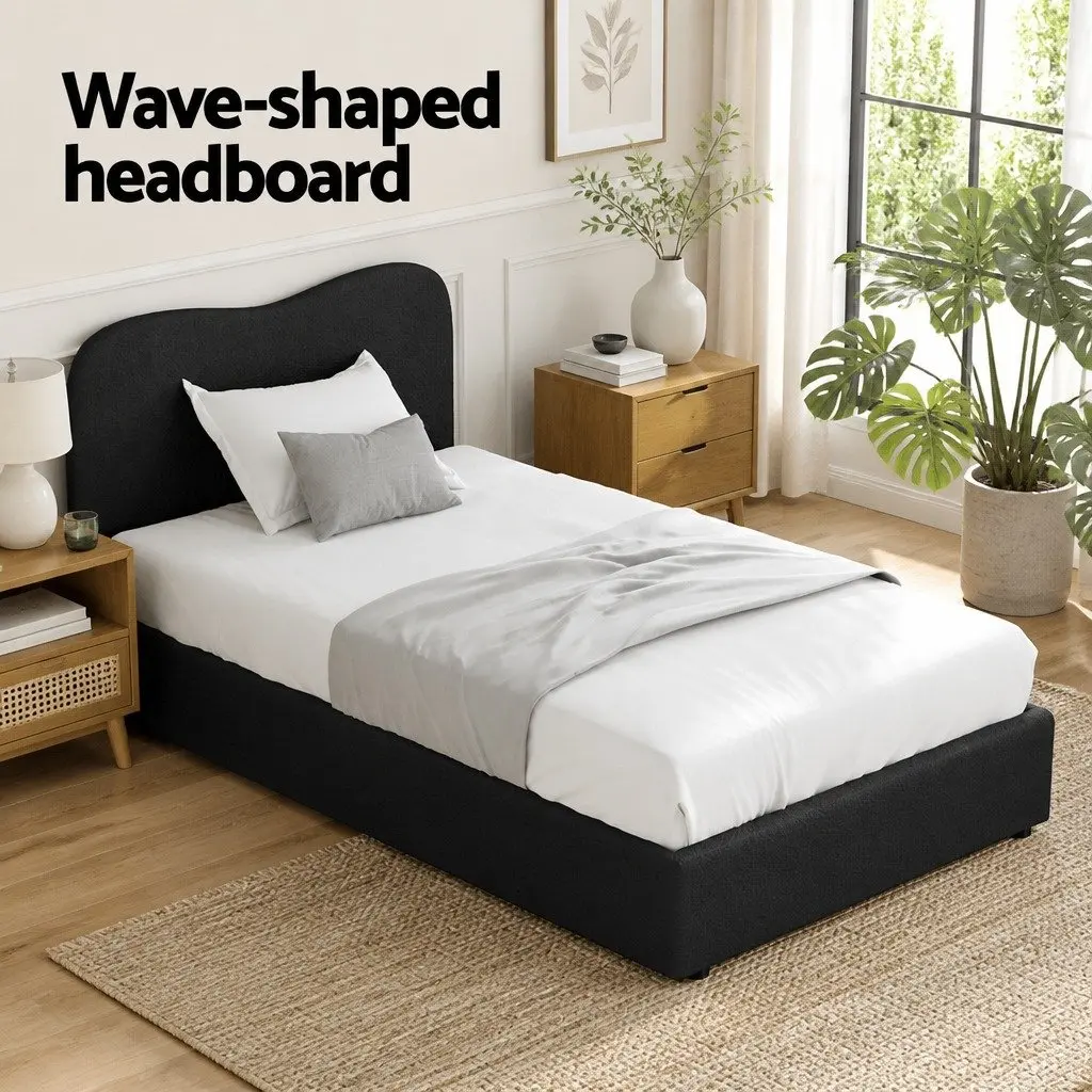 King Single Bed Frame Boucle Upholstered Padded Headboard Wooden Slat Support