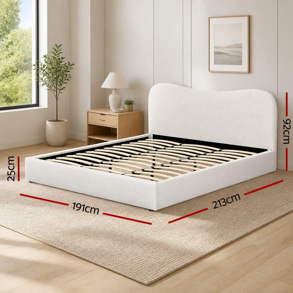 King Size Bed Frame Upholstered Boucle Padded Headboard Wooden Slat Support