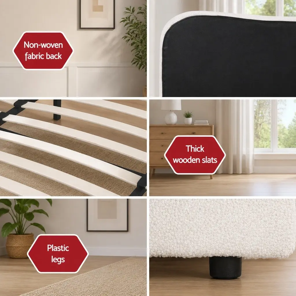 King Size Bed Frame Upholstered Boucle Padded Headboard Wooden Slat Support