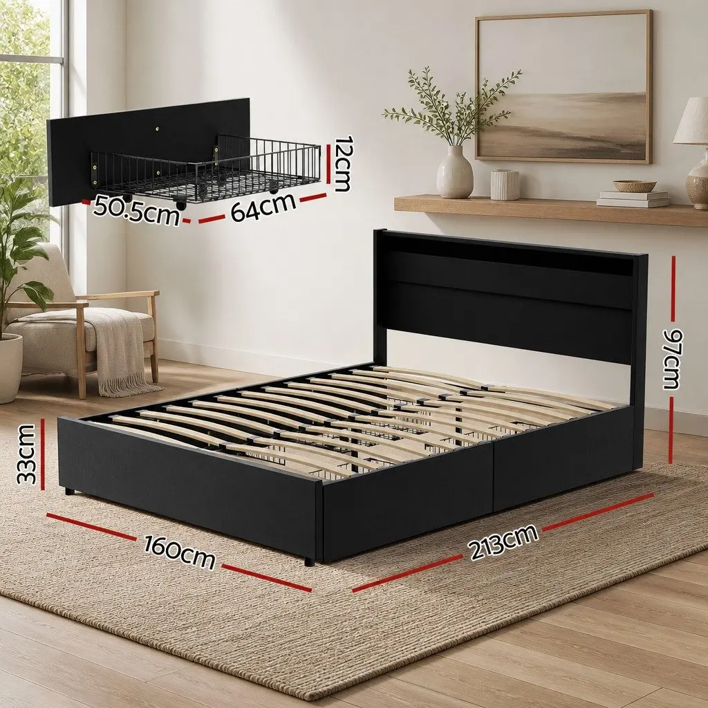 Queen Size Bed Frame with LED Lights 4 Storage Drawers Black Upholstered