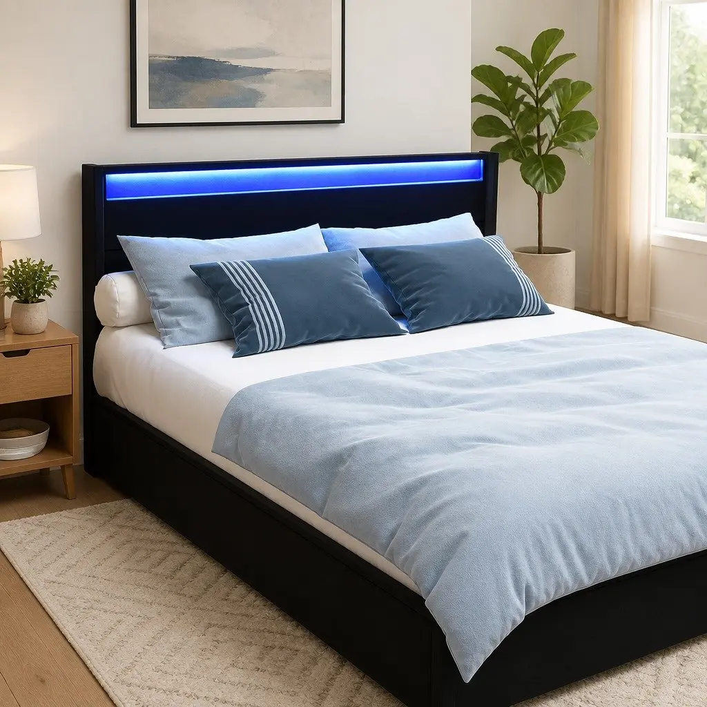 Queen Size Bed Frame with LED Lights 4 Storage Drawers Black Upholstered