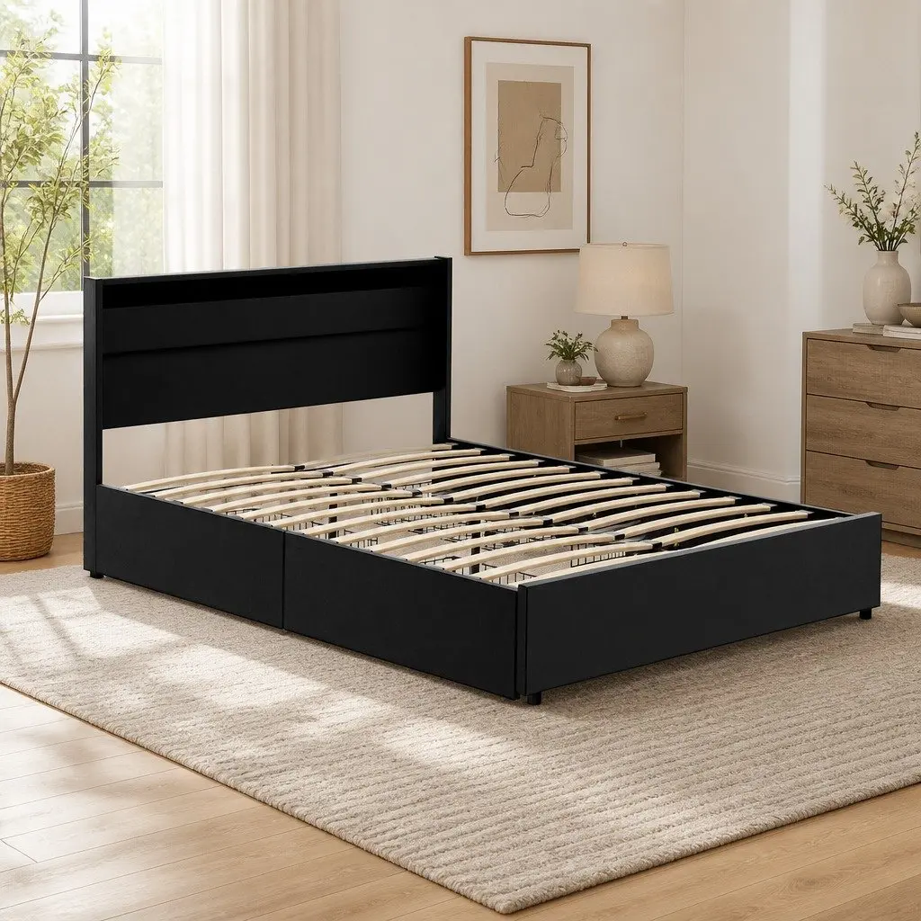 Queen Size Bed Frame with LED Lights 4 Storage Drawers Black Upholstered