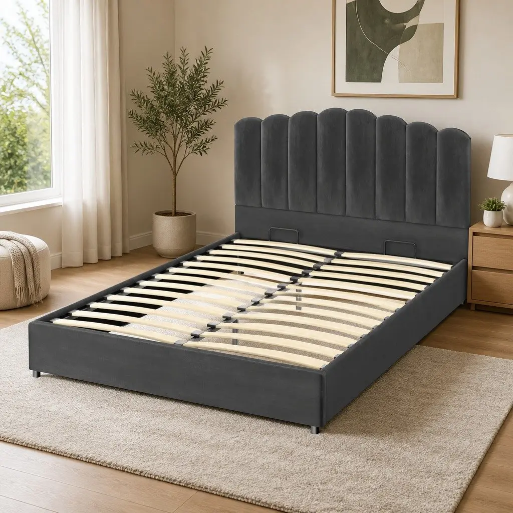 Double Bed Frame Grey Velvet Gas Lift Storage Padded Headboard