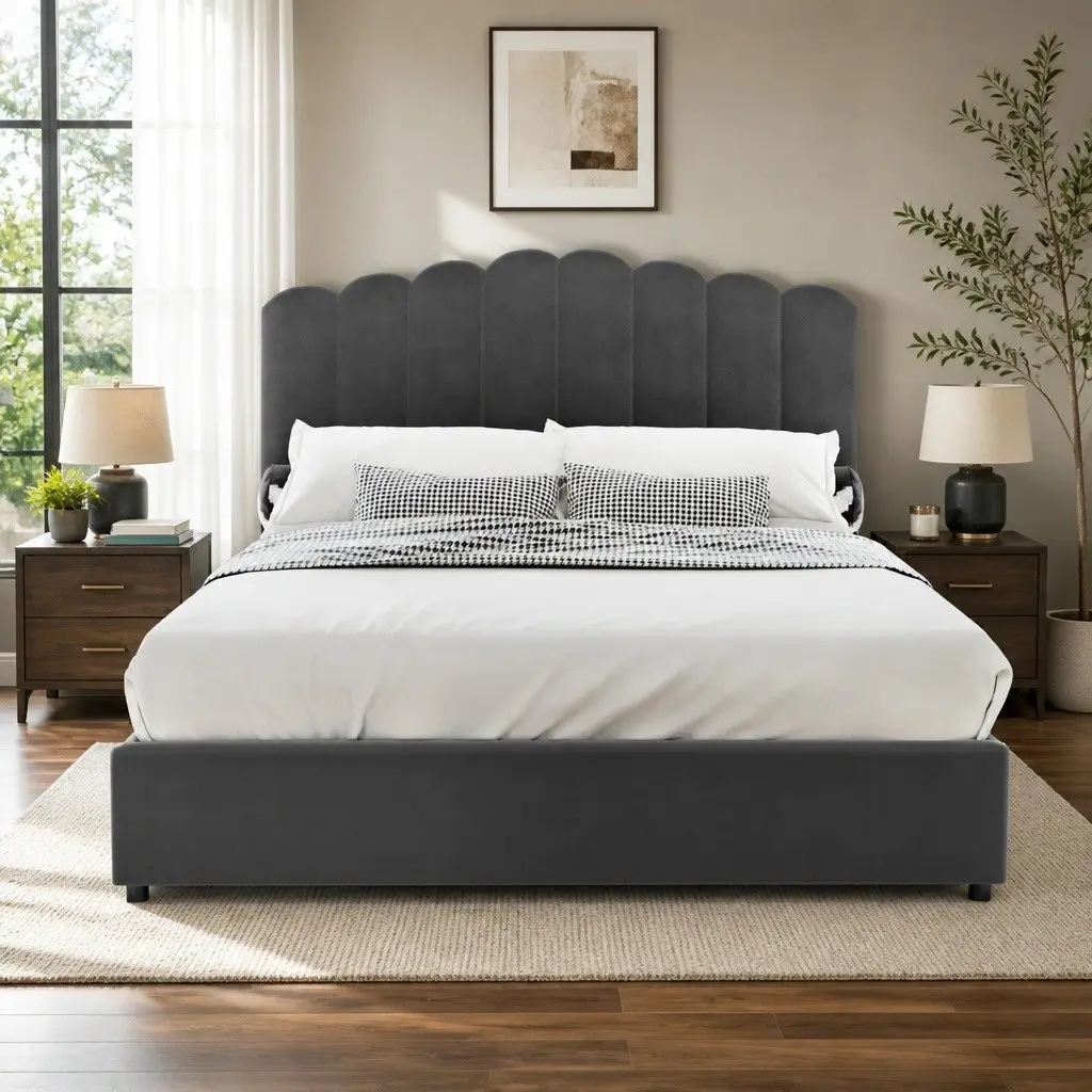 Double Bed Frame Grey Velvet Gas Lift Storage Padded Headboard