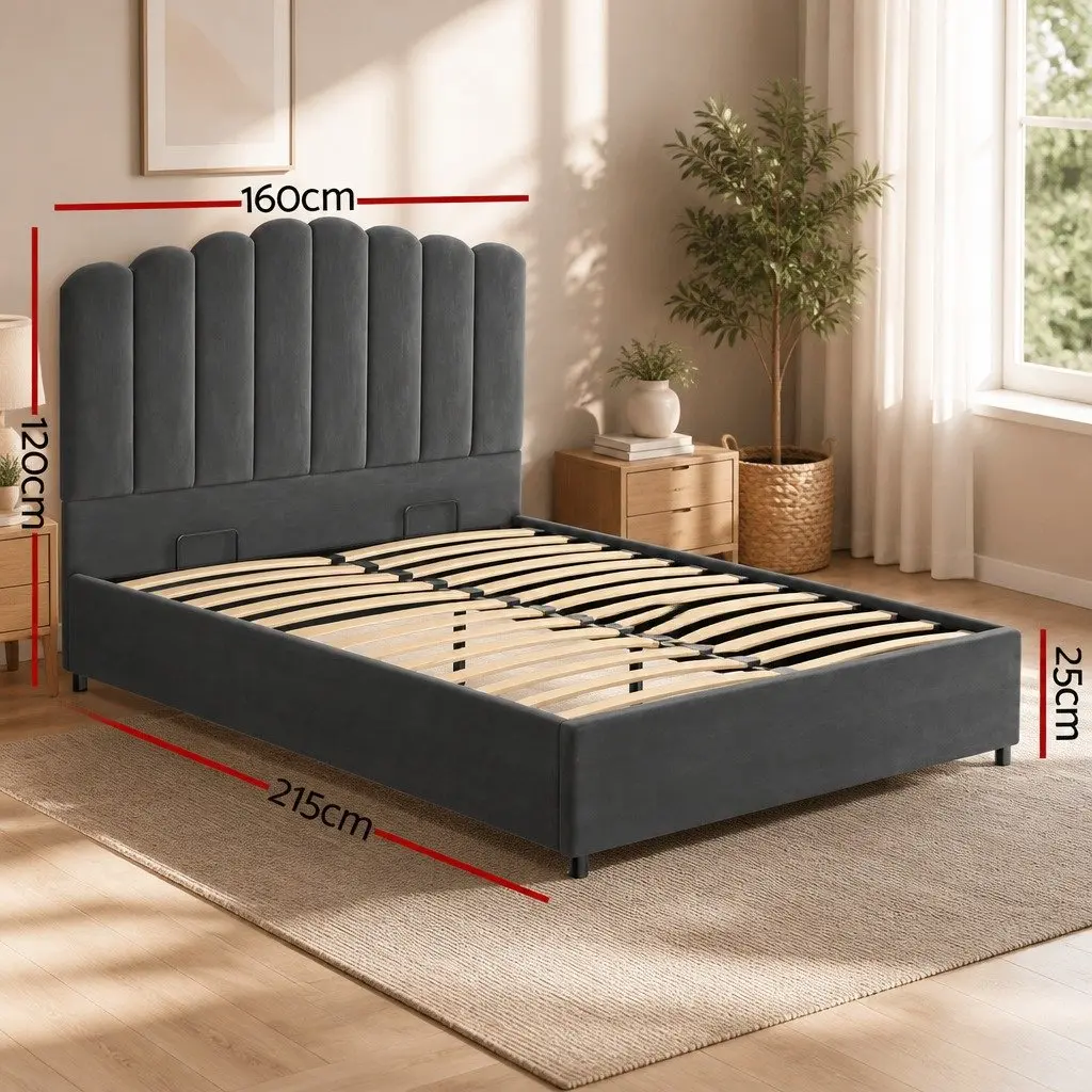 Double Bed Frame Grey Velvet Gas Lift Storage Padded Headboard