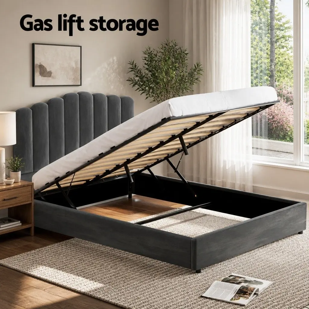 Double Bed Frame Grey Velvet Gas Lift Storage Padded Headboard