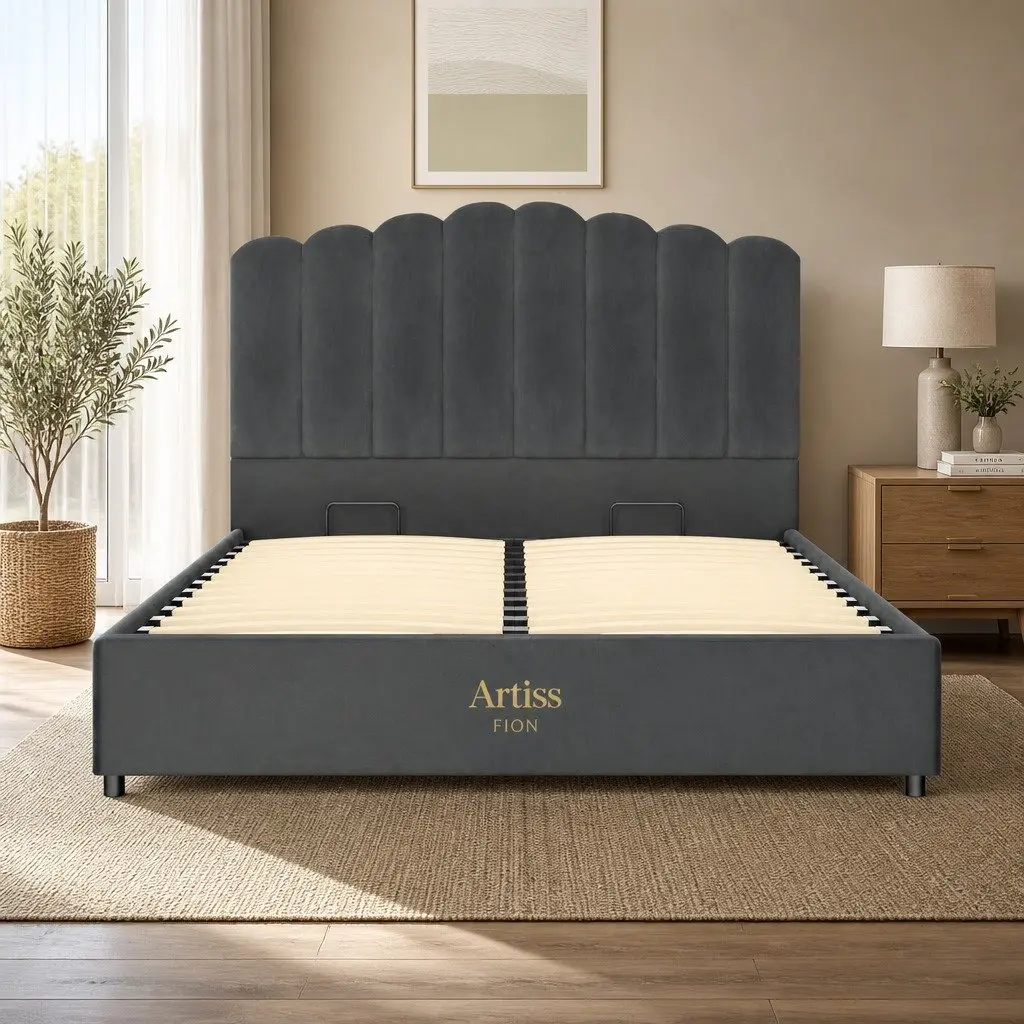 Double Bed Frame Grey Velvet Gas Lift Storage Padded Headboard