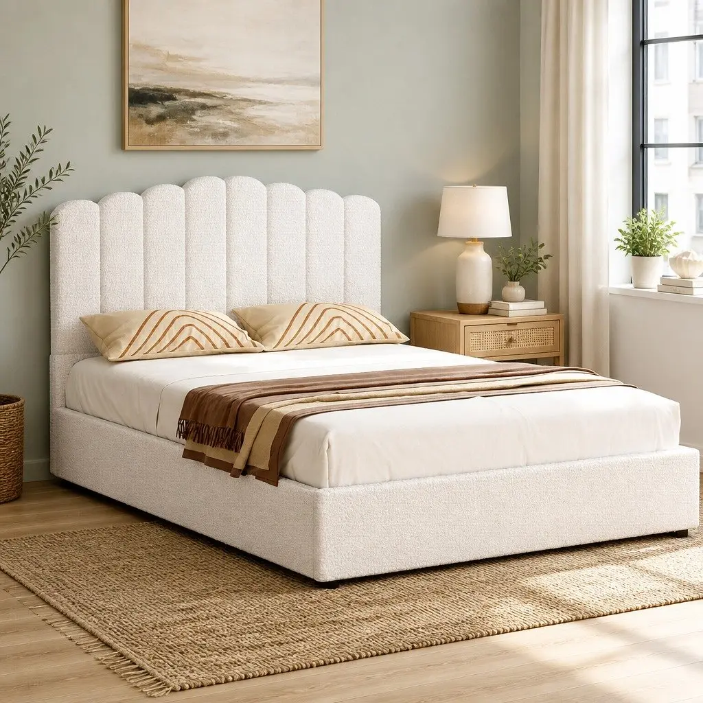 Upholstered Double Bed Frame with Gas Lift Storage Beige Wooden Padded Headboard