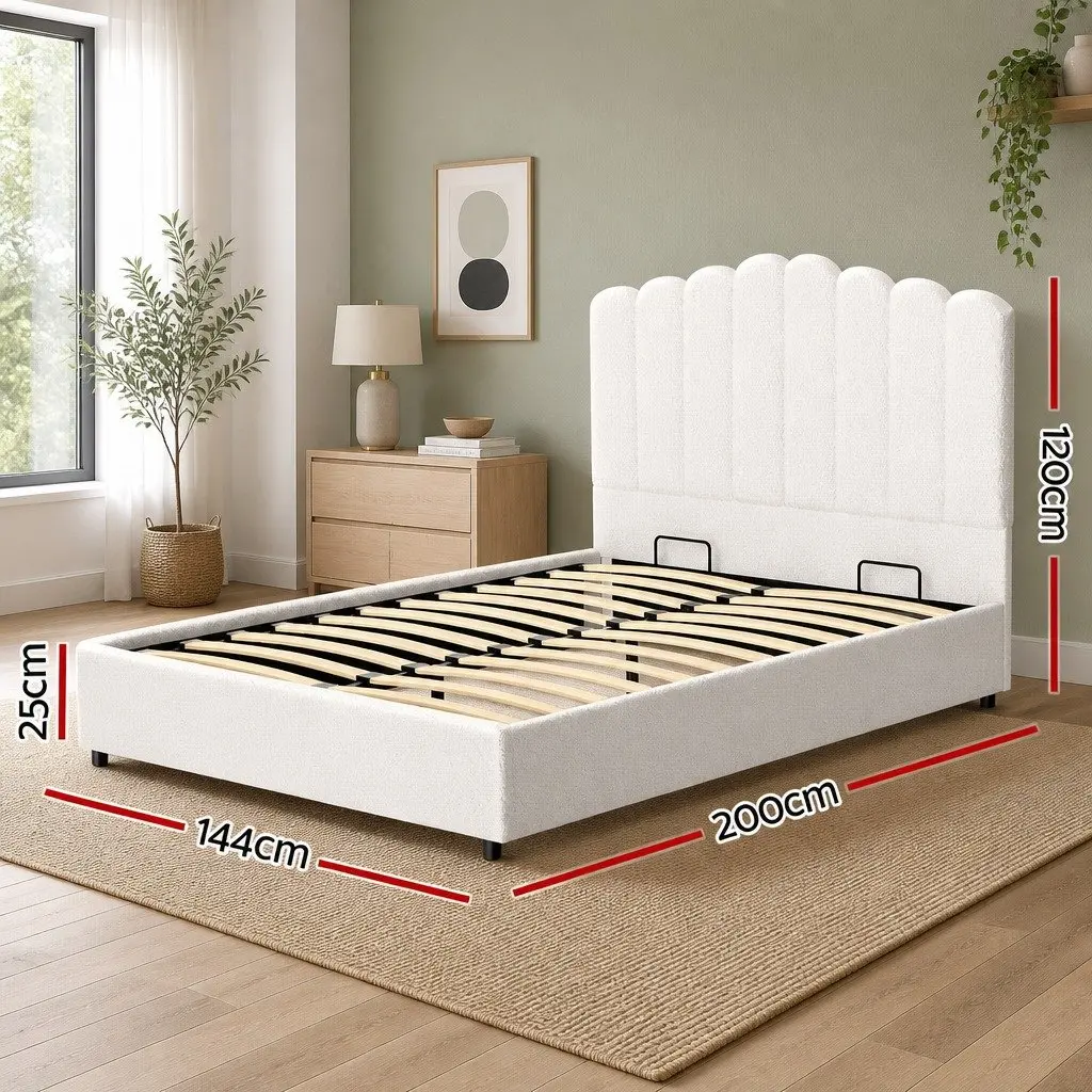 Upholstered Double Bed Frame with Gas Lift Storage Beige Wooden Padded Headboard