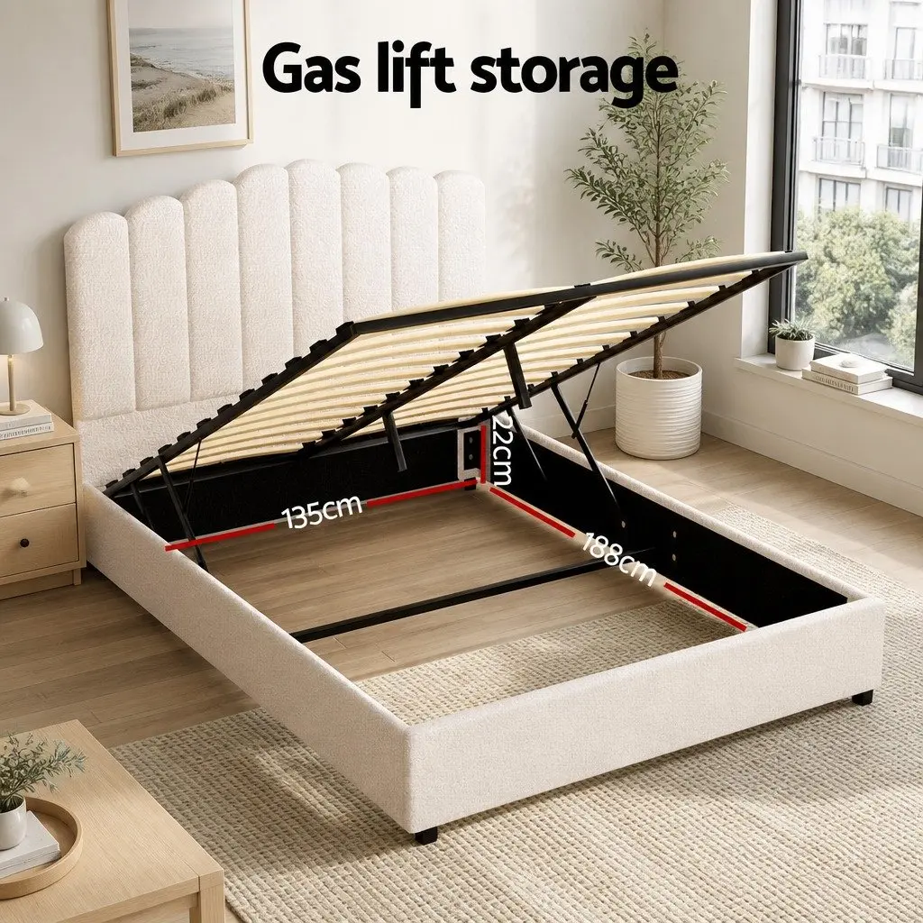 Upholstered Double Bed Frame with Gas Lift Storage Beige Wooden Padded Headboard