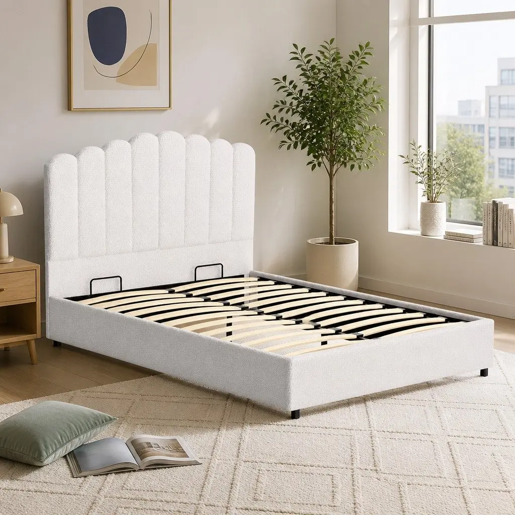 Upholstered Double Bed Frame with Gas Lift Storage Beige Wooden Padded Headboard