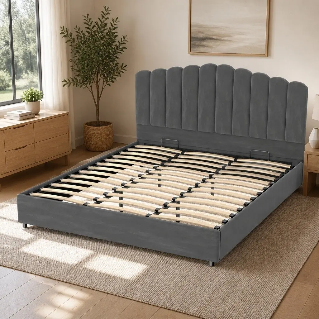 Grey Velvet Upholstered King Size Bed Frame with Gas Lift Storage and Padded Headboard