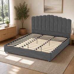 King Size Bed Frame Grey Velvet Upholstered Gas Lift Storage Padded Headboard