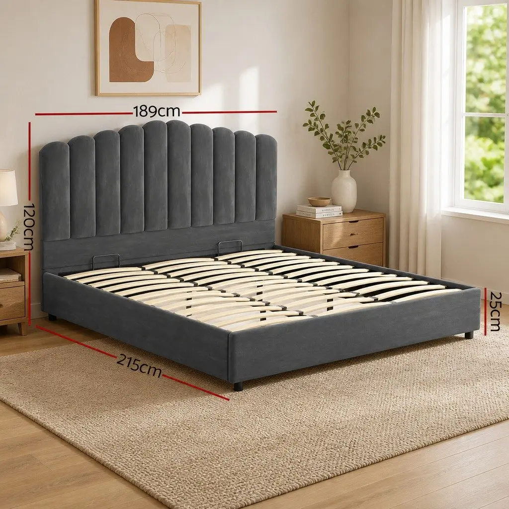 Grey Velvet Upholstered King Size Bed Frame with Gas Lift Storage and Padded Headboard